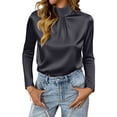 thumbnail image 1 of Silk Blouses for Women Casual Long Sleeve Shirt Mock Neck Elegant Pleated Silk Shirts Dressy Business Office Work Tops Black 2XL, 1 of 4