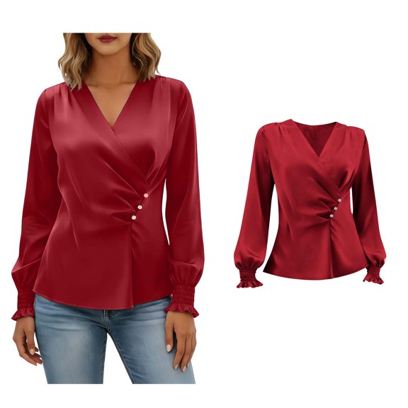 Silk Blouses for Women Long Sleeve Red Womens Blouse V Neck Top Women Summer Tops