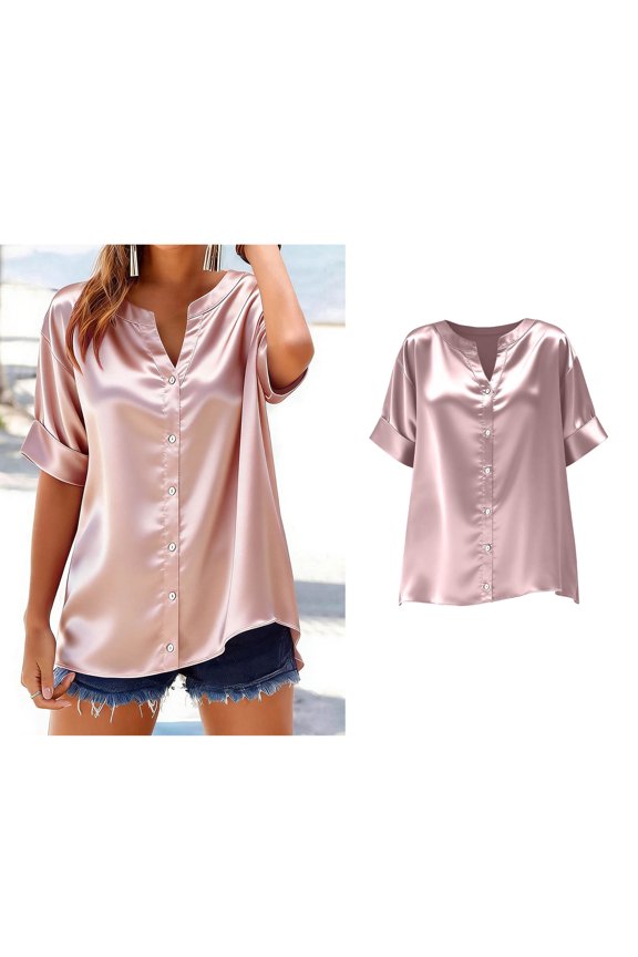 Silk Blouses for Women Short Sleeve Women's Pink Blouse Button Down Tops Business Casual Tops for Women