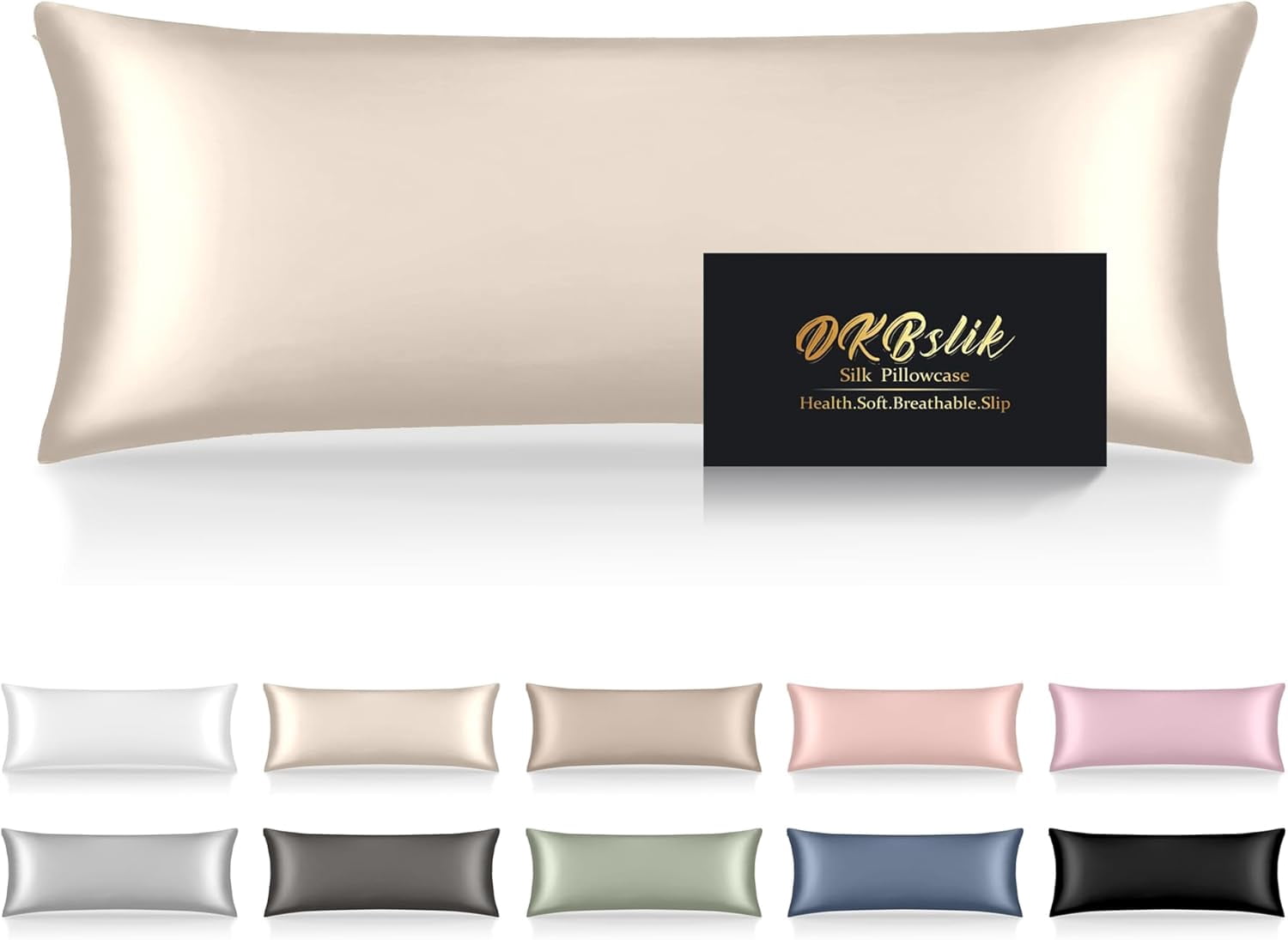 Silk Body Pillow Cases, Mulberry Silk Body Pillow Cover with Zipper, Smooth, Anti Acne, Cooling Sleep Both Sides Natural Silk Satin 20x54 Body Pillowcase, Gifts for Women Men, Beige