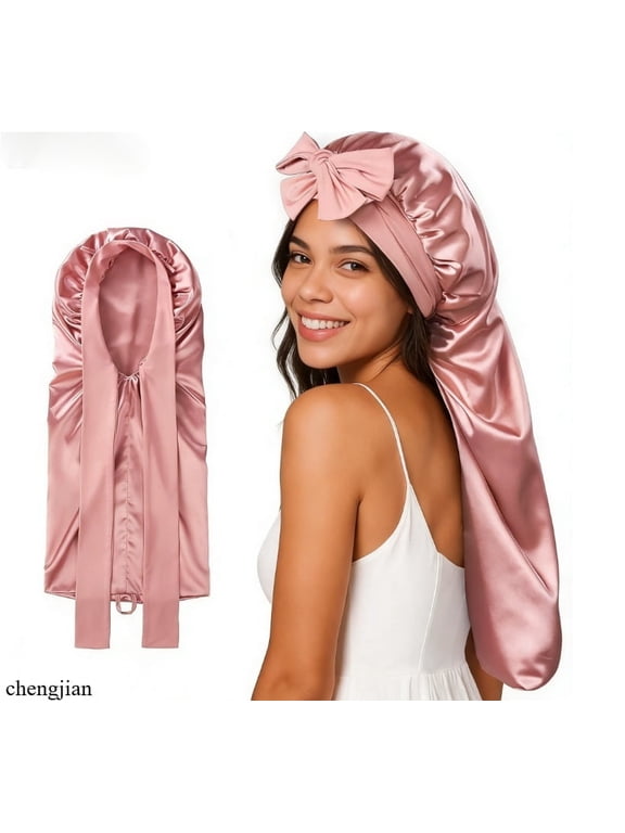 Silk Bonnet for Sleeping Women, 22 Momme Mulberry Real Silk, Long Hair Bonnet for Braids & Curls to Reduce Frizz, Double Layer Hair Wrap with Soft Adjustable Tie Band, Pink