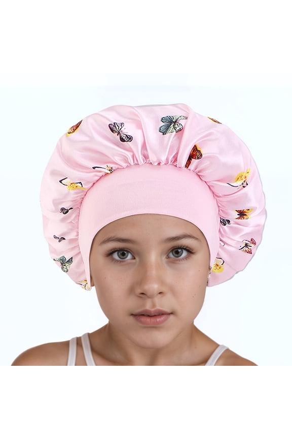 Silk Bonnet for Girls, Butterfly Pattern Kids Bonnets, Cute Satin Night Sleep Cap Wide Elastic Band Shower Hat