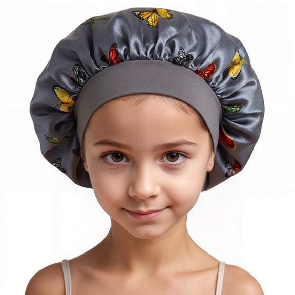 Silk Bonnet for Girls, Butterfly Pattern Kids Bonnets, Cute Satin Night Sleep Cap Wide Elastic Band Shower Hat