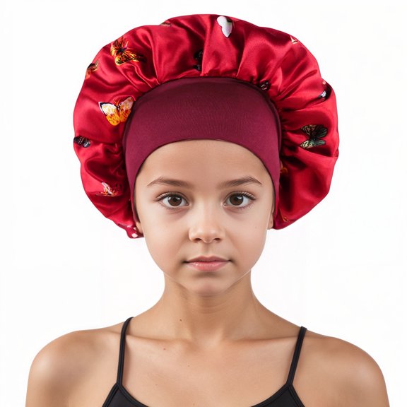 Silk Bonnet for Girls, Butterfly Pattern Kids Bonnets, Cute Satin Night Sleep Cap Wide Elastic Band Shower Hat