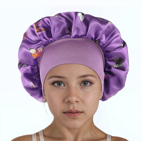 Silk Bonnet for Girls, Butterfly Pattern Kids Bonnets, Cute Satin Night Sleep Cap Wide Elastic Band Shower Hat
