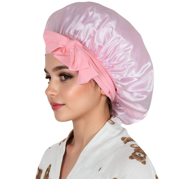 Silk Bonnet for Sleeping Satin Lined Hair Bonnet with Long Tie Band for Women Curly Hair- Pink