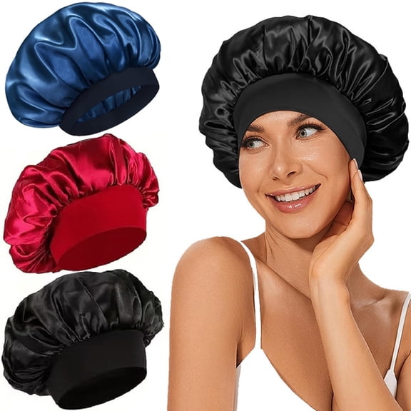 Silk Bonnet for Sleeping Women 3 Pcs Shower Hair Bonnet for Curly Hair with Tie Band Shower Caps for Curly