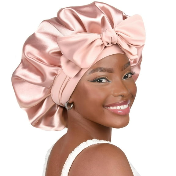 Silk Bonnet for Sleeping Women Satin Bonnet Double Layer Satin Lined Hair Bonnet with Tie Band Curly Hair Brown