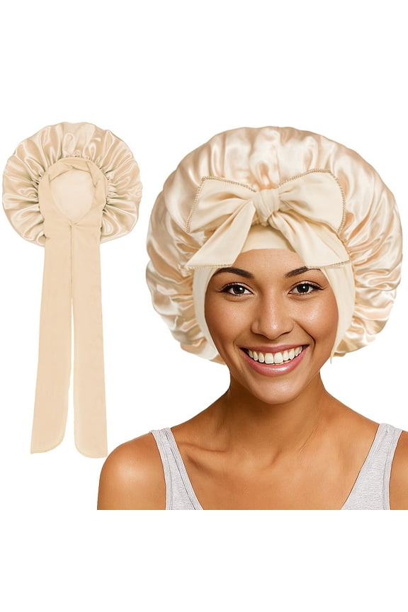 Silk Bonnet for Sleeping Women Satin Bonnet Double Layer Satin Lined Hair Bonnet with Tie Band Curly Hair-Champagne