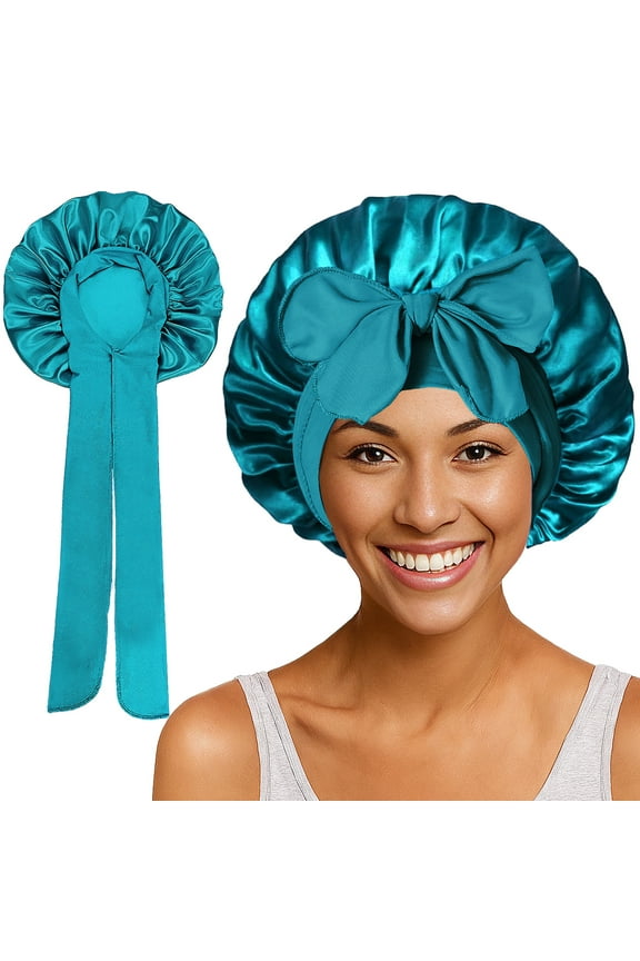 Silk Bonnet for Sleeping Women Satin Bonnet Double Layer Satin Lined Hair Bonnet with Tie Band Curly Hair-Cyan