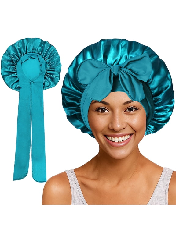 Silk Bonnet for Sleeping Women Satin Bonnet Double Layer Satin Lined Hair Bonnet with Tie Band Curly Hair-Cyan