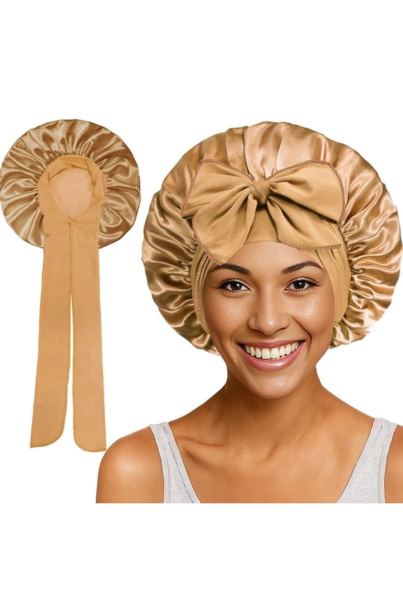 Silk Bonnet for Sleeping Women Satin Bonnet Double Layer Satin Lined Hair Bonnet with Tie Band Curly Hair-Khaki