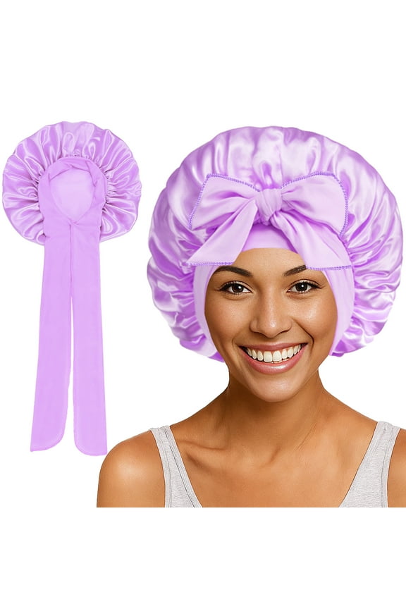 Silk Bonnet for Sleeping Women Satin Bonnet Double Layer Satin Lined Hair Bonnet with Tie Band Curly Hair-Purple
