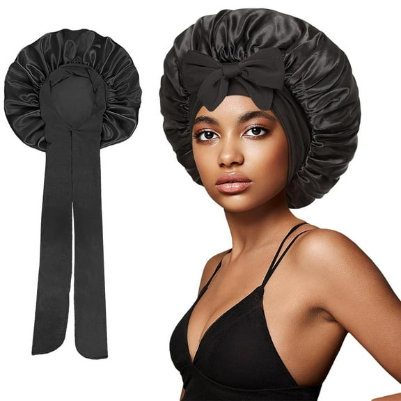Silk Bonnet for Sleeping Women Satin Bonnet Double Layer Satin Lined Hair Bonnet with Tie Band Curly Hair-Black