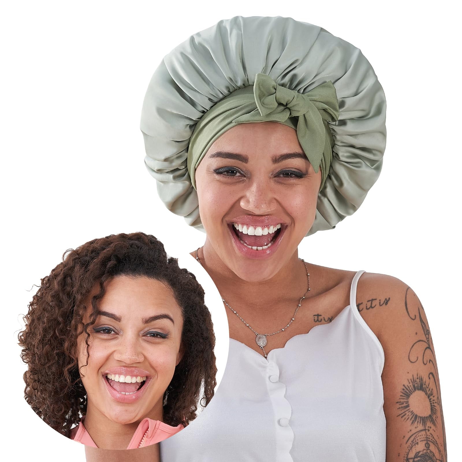 Silk Bonnet for Sleeping Women, Satin Hair Bonnet for Sleeping for Wavy Curly Natural Hair Women Men, Green