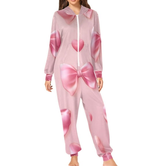 Silk Bows Hearts Valentine Adult's Hoodie Onesie Jumpsuit One-Piece Pajamas with Zipper Unisex for Holiday L