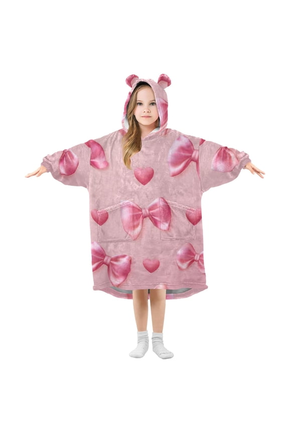 Silk Bows Hearts Valentine Flannel Wearable Blankets Hooded Design Long Sleeves Wrap Unisex for 3T-14Y M