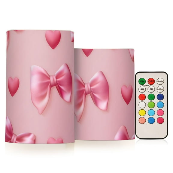 Silk Bows Hearts Valentine Flickering Flameless Candles LED Tealight Battery Operated with Remote Set of 2 Holiday Decor Ornaments