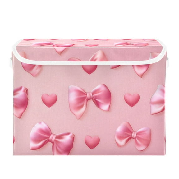 Silk Bows Hearts Valentine Foldable Storage Bin with Lid and Handle Collapsible Storage Box 16.5 x 12.6 x 11.8 inches