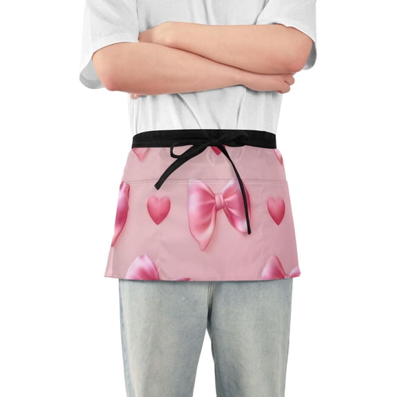 Silk Bows Hearts Valentine Short Server Apron with 3 Pockets for Unisex Chef Gardening