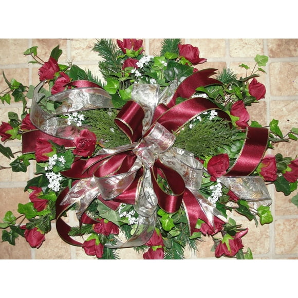 Silk Burgundy Roses Babys Breath Xmas Grave Blanket Cemetery Memorial Flowers