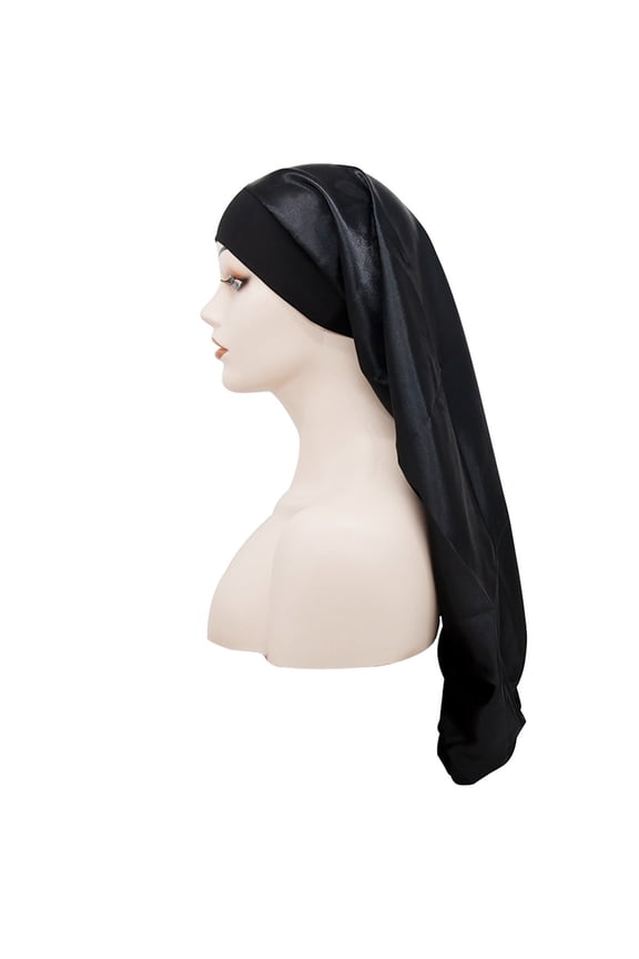 Silk Cap for Sleeping Women,Adjustable Long Silk Bonnet for Curly Hair Elastic Night Cap Black
