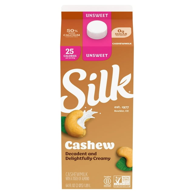 Silk Cashew Milk, Unsweet, Dairy Free, Gluten Free, 64 FL OZ Half