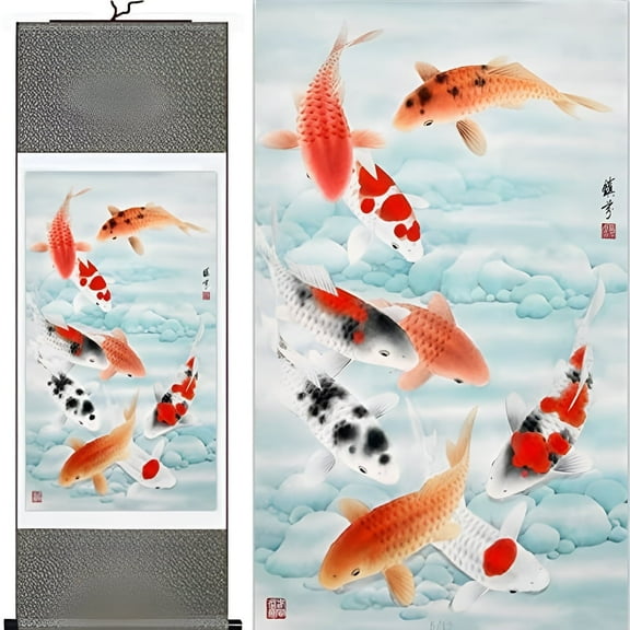 Silk Chinese Painting Fish Home Decorate Calligraphy Scroll Hanging Art Gift H55" X W18"