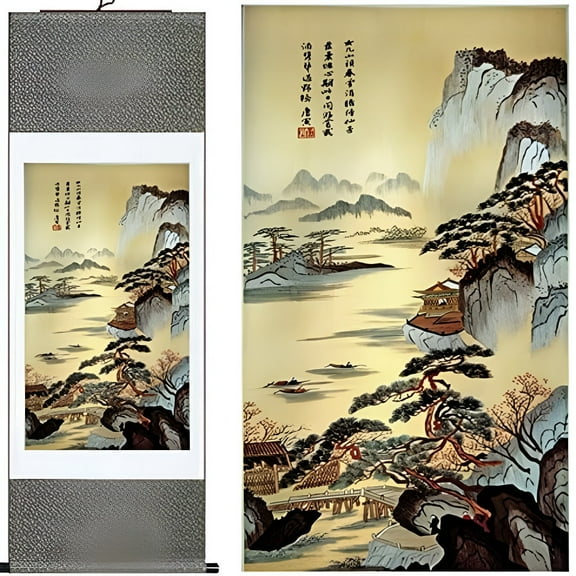 Silk Chinese Painting Landscape Home Decorate Calligraphy Scroll Hanging Art Gift H55" X W18"