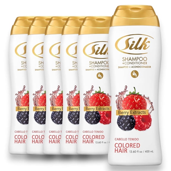 Silk Color Safe Shampoo and Conditioner with Berry Extracts: Moisturizing & Strengthening for Dry Weak Hair, Anti-Fade Vibrancy, Shine Boost, Gentle Daily Care, 13.6 fl oz Each, 6 Pack