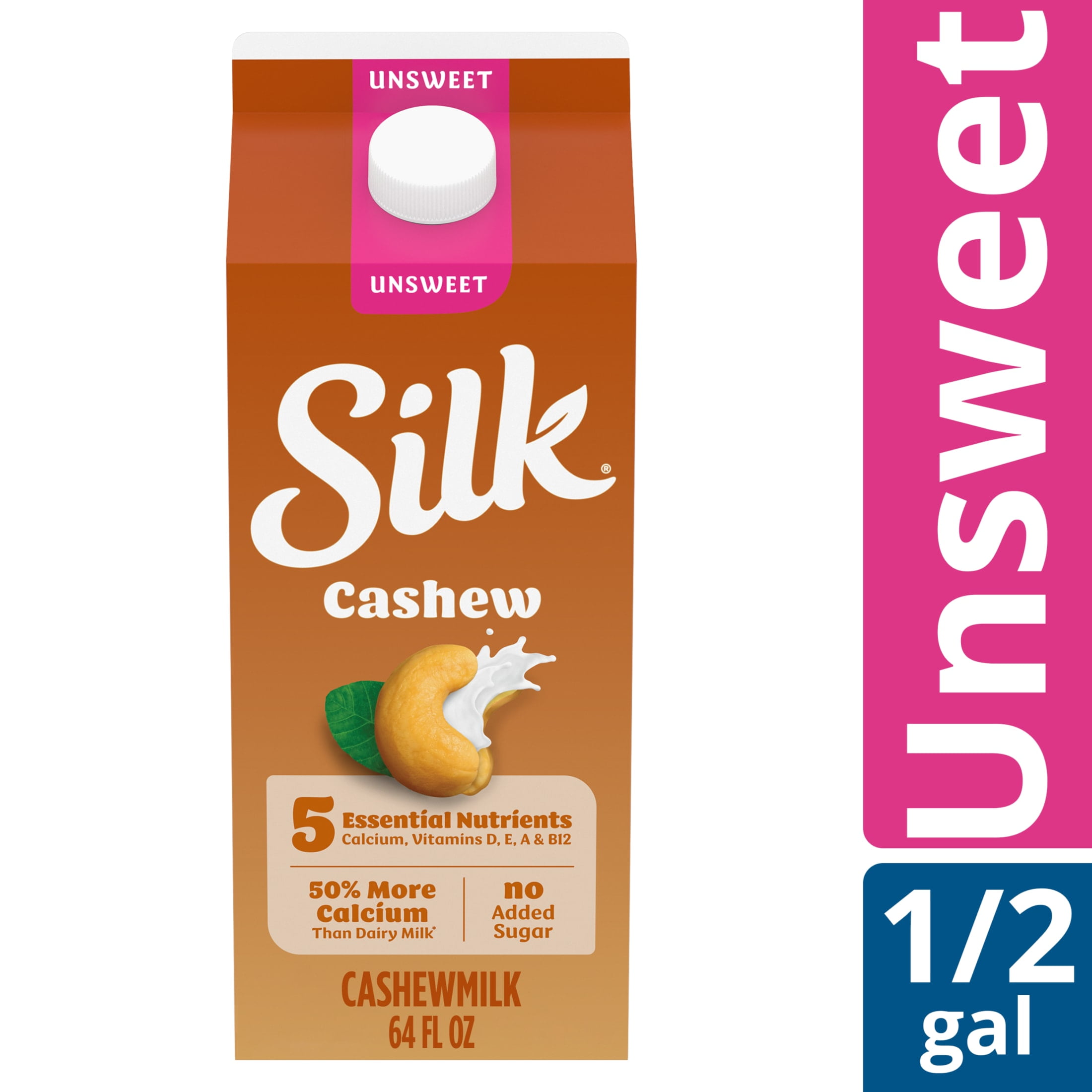 Silk Dairy Free, Gluten Free, Unsweet Cashew Milk, Plant Based Milk Half Gallon, 64 fl oz