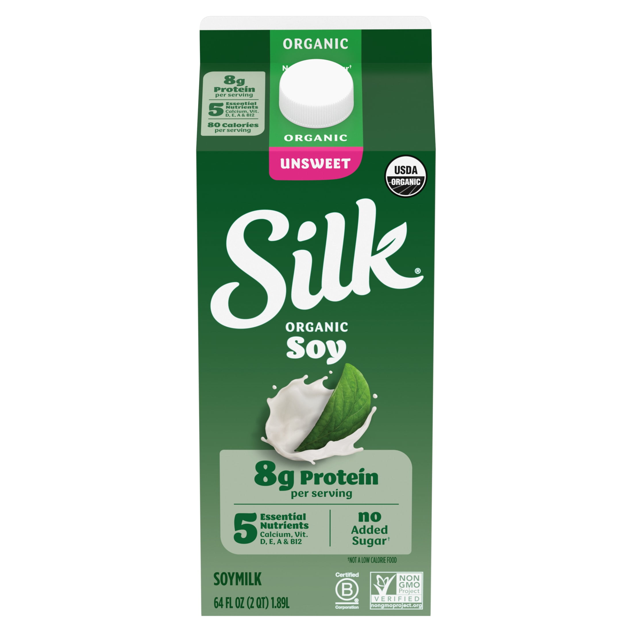 Silk Dairy Free, Gluten Free Organic Unsweet Soy Milk, Plant Based Milk Half Gallon, 64 fl oz