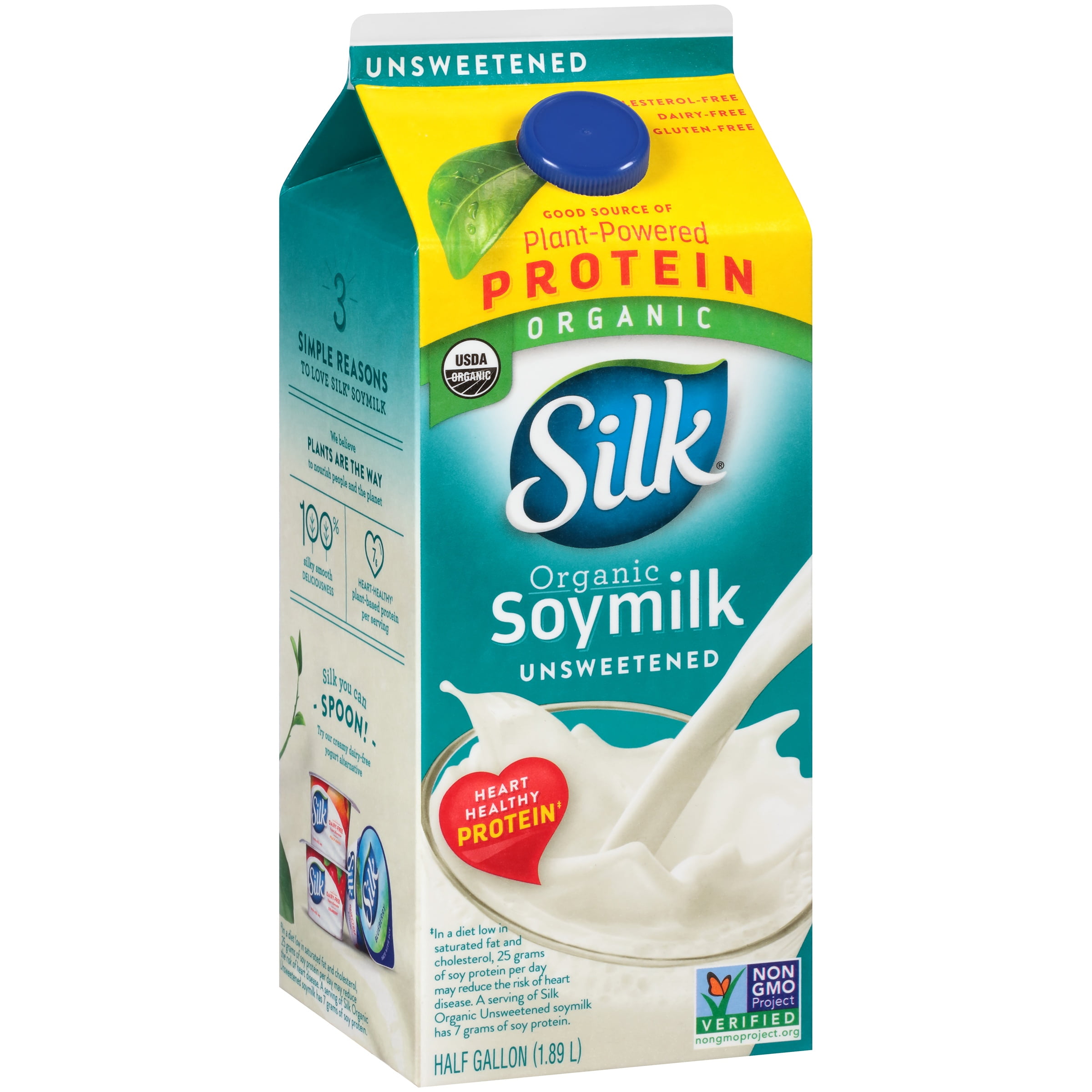 Silk Dairy Free, Gluten Free, Unsweet Organic Soy Milk, 64 fl oz Half Gallon