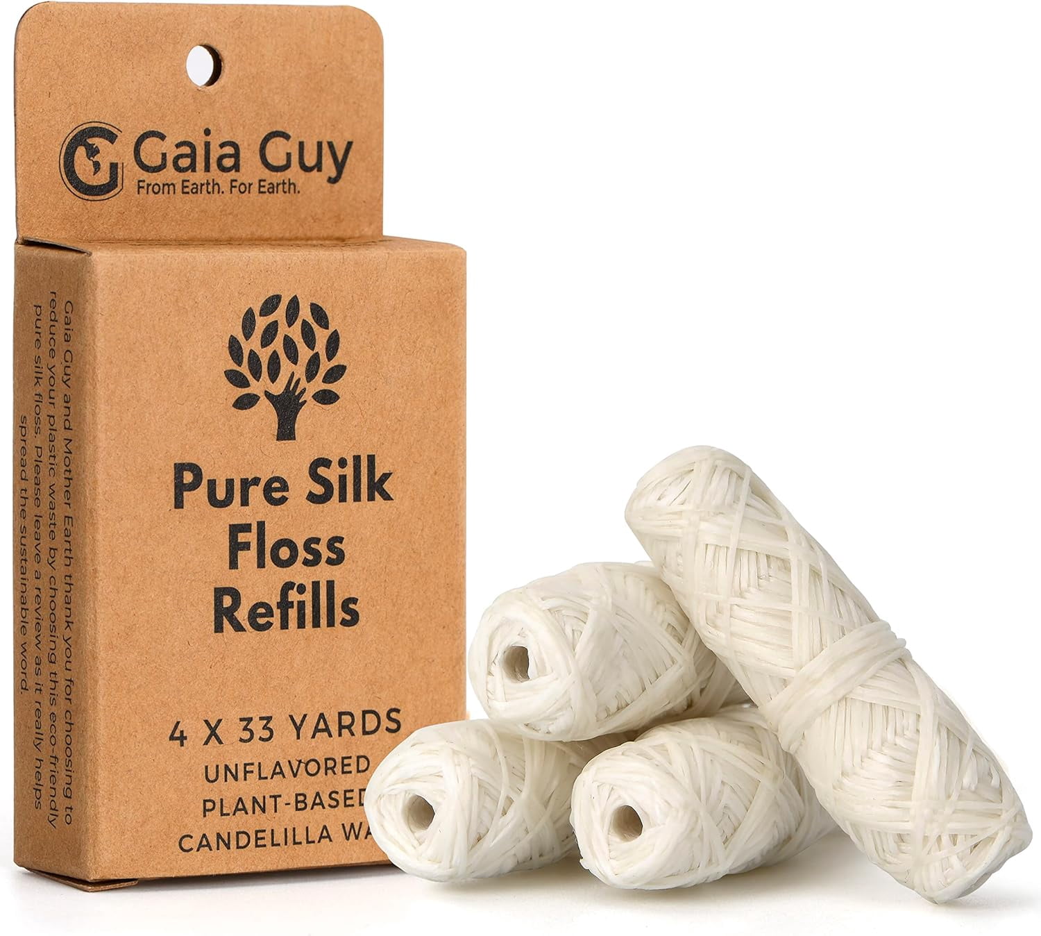 Silk Dental Floss Refills | Unscented Natural Silk | 4 Rolls 33-yard | Compostable, Sustainable, and Biodegradable Silk Dental Floss with Eco-friendly Packaging