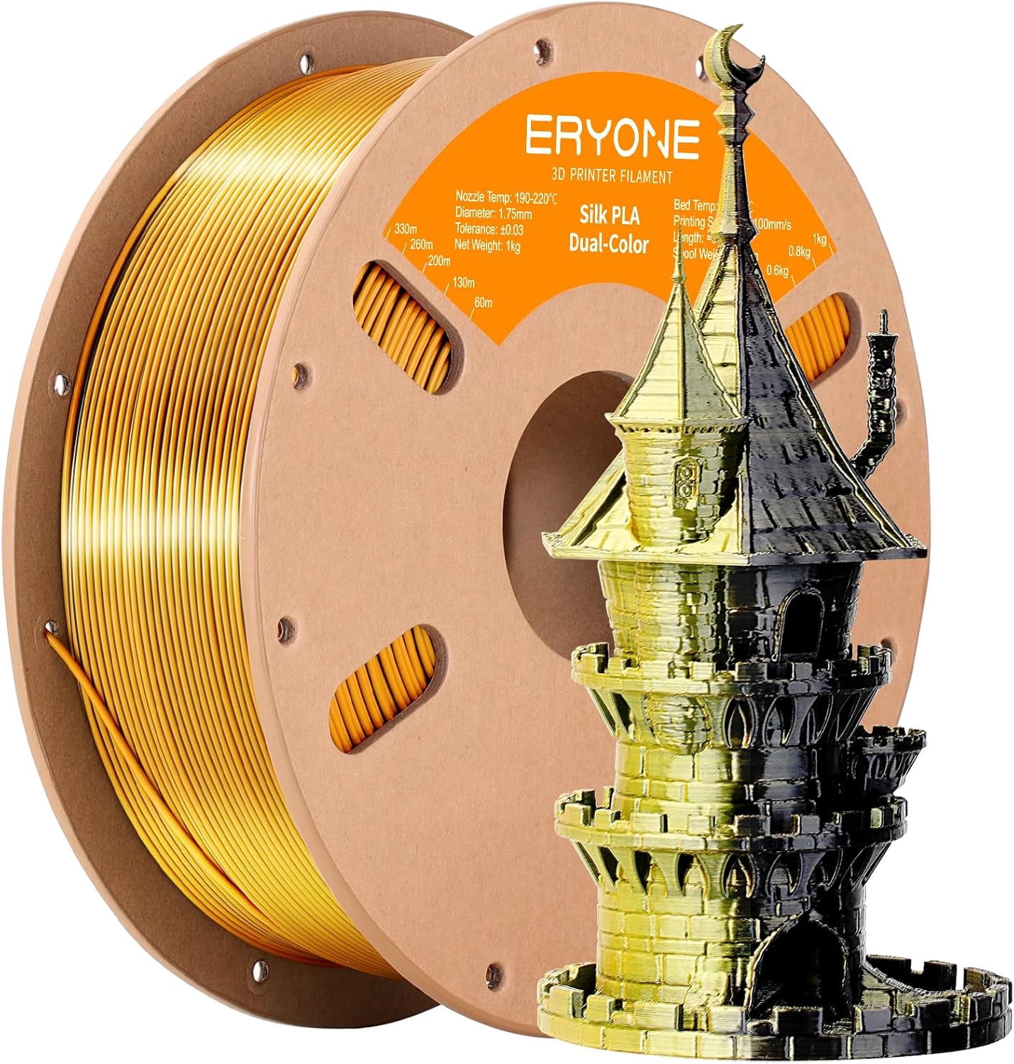 Silk Dual Color PLA Filament 3D Printer 1.75mm +/- 0.03mm, Bicolor Filament Two Tone PLA 1KG(2.2lbs) Cardboard Spool, Black Gold