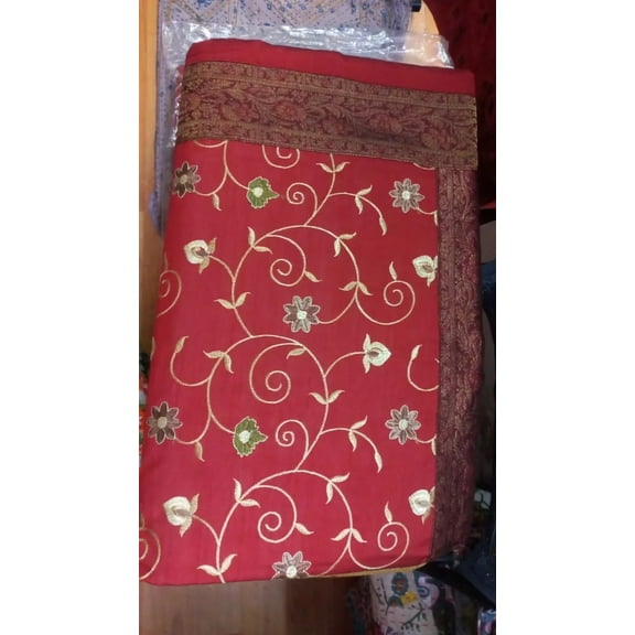 Silk Dupin Bedsheet Banarasi Poly Dupion Floral Embroidery Silk Brocade Cotton Bed Sheet, Full/Queen