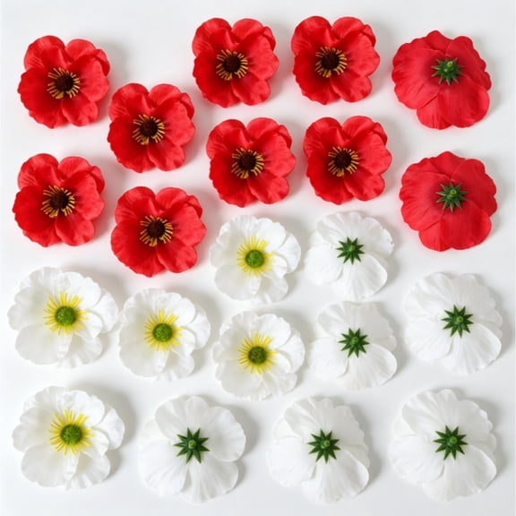 Silk Fake Poppies Heads Red White Artificial Flowers for Wedding Party Home Decor (60 Pcs)