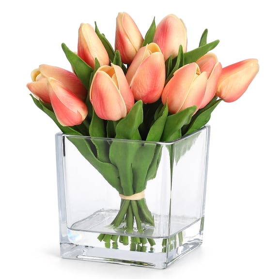 Silk Faux Tulip Flowers in Glass Vase with Faux Water, Artificial Tulip Flower Arrangement for Table Centerpieces, Shelf, Bathroom & Wedding Decor