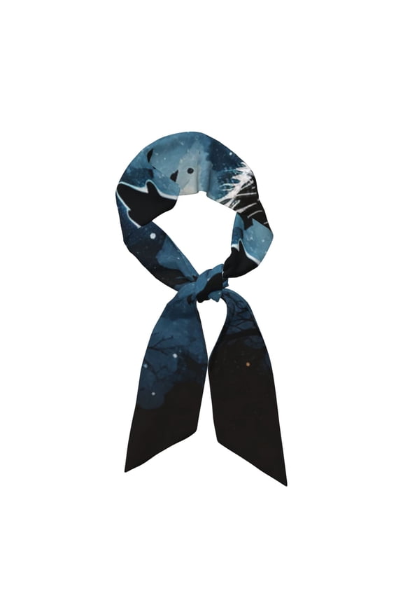 Silk Feeling Scarf Satin Head Long Thin Scarves Lightweight for Women Fashion, Wolf Howling Wolves Moon Night Stars