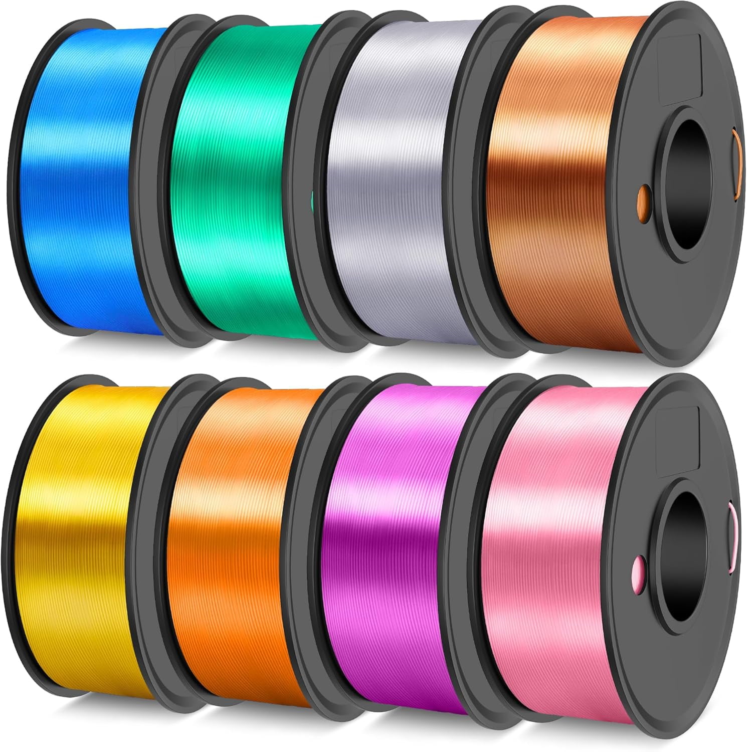 Silk Filament 1.75, Shiny Silk PLA Filament, 3D Printer Filament with Smooth Silky Surface, 250G Spool, 8 Rolls, Gold+Silver+Purple+Green+Blue+Pink+Orange+Red Copper