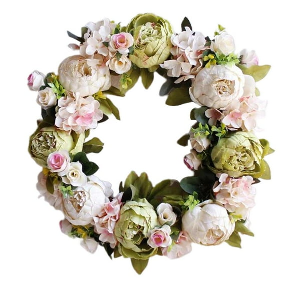 Silk Floral Wreath Decor Artificial Peony Flower Garland, Great for Bridal Shower Wedding Scene Farmhouse Decoration Photo Prop Welcome Wreath White
