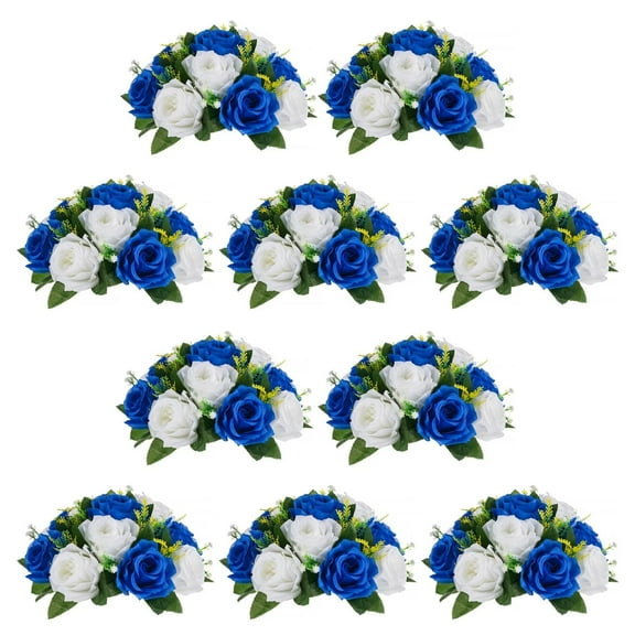Silk Flower Balls for Centerpieces 10 Pack Royal Blue & White Roses Artificial Floral Arrangement for Wedding Party Decor