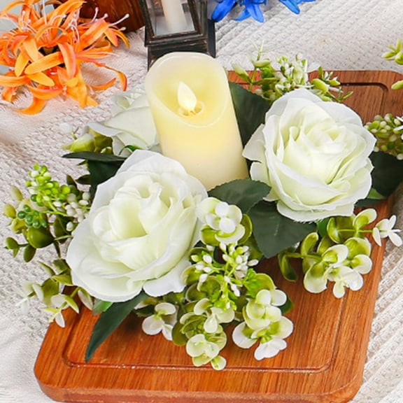 Silk Flower Candle Wreath Garland - Artificial Rose Floral Ring for Candles, 9" Diameter - Wedding, Christmas Table Decor, Party Centerpiece - White, Blue, Orange Options