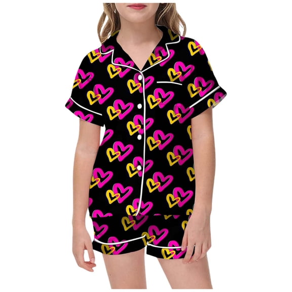 Silk Girls Pajamas Set Valentine Pjs Short Sleeve Heart Button Down Nightwear Kids Pjs Boys 8-9 Years