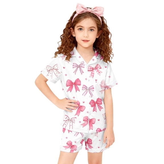 Silk Girls Pajamas Set Valentines Day Pajamas Short Sleeve Bow Button Down Loungewear Pjs for Girls Size 8-9 Years