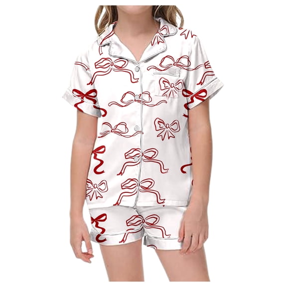 Silk Girls Pajamas Set Valentines Pjs Short Sleeve Bow Button Down Sleepwear Kids Pajamas Girls 8-9 Years