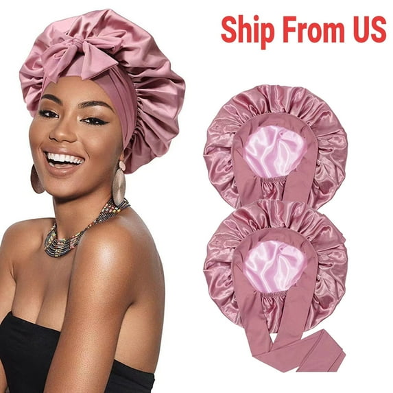 2 Pcs Silk Hair Bonnet with Wide Elastic Band, Sleepling Hair Wrap Cover, Satin Night Sleep Cap for Curly Long Hair Shower Bonnet, Satin Bonnet Silk Bonnet for Sleeping(Pink)