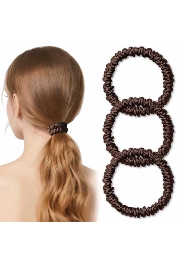 Silk Hair Ties Thin 0.4 Inch Wide,  Mulberry Silk 6A 22 Momme, Soft & Gentle No-Crease for Fine Hair, Ponytail Hold, Women & Girls, Fabric Sample Included (Brown*3)