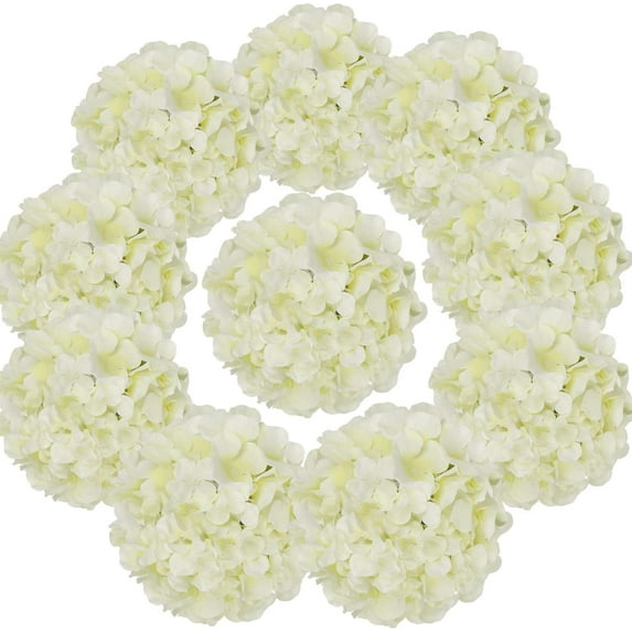 Silk Hydrangea Heads Artificial Flowers Heads with Stems for Home Wedding Decor,Pack of 10 (White)