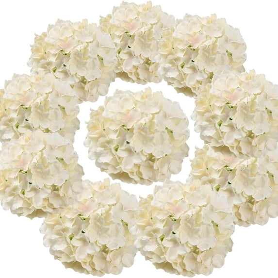 Silk Hydrangea Heads Artificial Flowers with Stems,10-Pack Beige Fake Hydrangea Floral Stems for Home,Wedding,and Party Decor,1 Set of 10